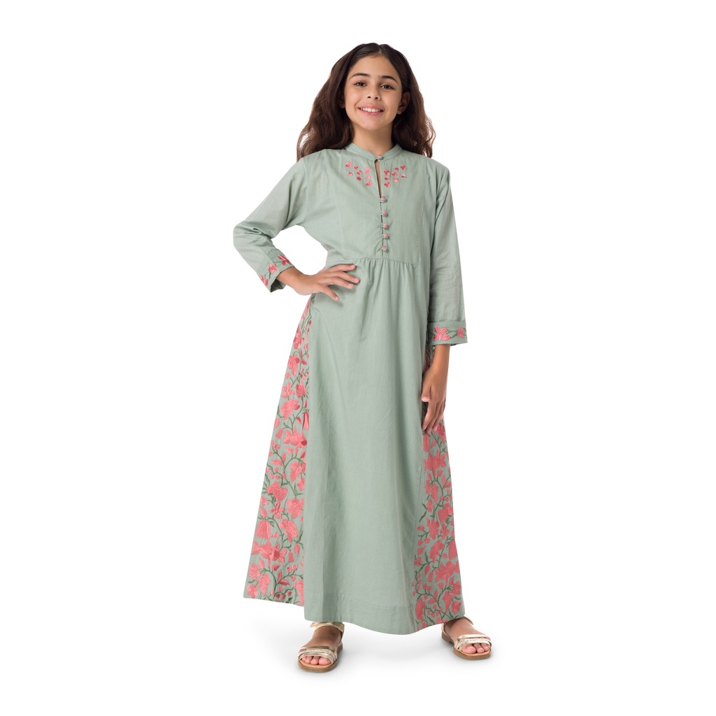 Sage Serenade Embroidered Kids Dress